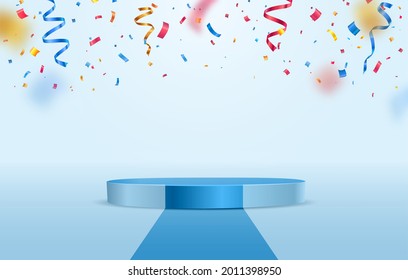 Blue Stage Podium With Falling Down Colorful Confetti On Light Background. Winner Congratulations Pedestal Template Vector Illustration.