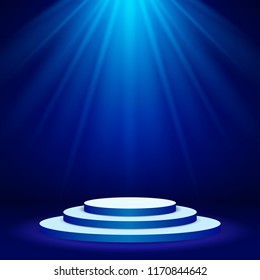 Blue Stage podium spotlight illuminated scene. Vector Illustration