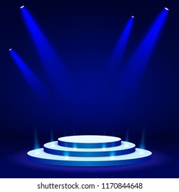 Blue Stage podium spotlight illuminated scene. Vector Illustration