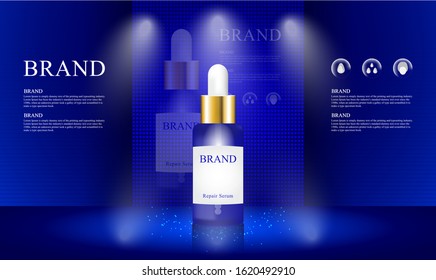 Blue stage scene with led screen and lighting for showcase cosmetic product vector illustration