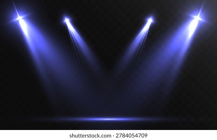 Blue Stage Spotlights with Glowing Beam Effects and Theater Lighting Collection Isolated on Transparent Background