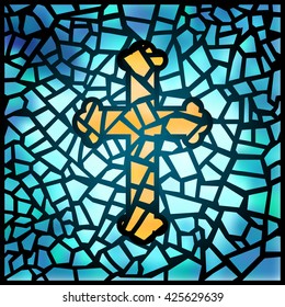 Blue stained-glass window with yellow cross, vector illustration. Suns rays penetrating through a blue colorful stained glass window in the pattern of a crucifix. Luminous glass. Stained glass window.