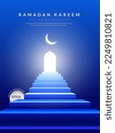 The blue stairway leads up to the mosque door on a night sky filled with stars and a moon, Ramadan Kareem background. vector illustration