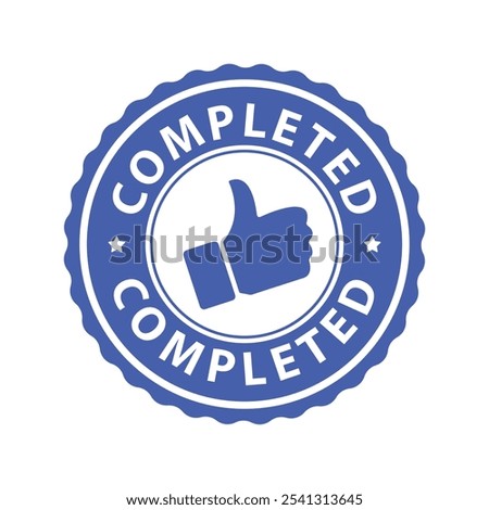 blue stamp completed grunge texture thumbs up vector design isolated white background