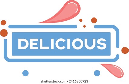 Blue stamp with delicious text and dynamic red swoosh. Food quality seal design, abstract tasty flavor concept vector illustration.