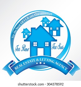 Blue Stamp / label / icon with vector houses and the text for real estate business: Buy / rent, Try the best offer on the market - Real Estate and Letting Agency
