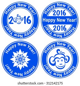 Blue stamp with the text 2016 Happy New Year written on the stamp isolated on White background. Vector illustration