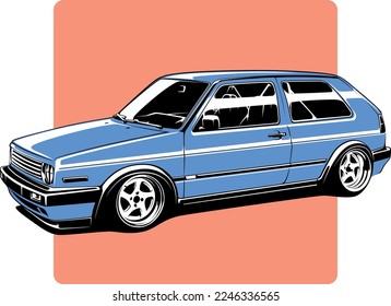 Blue stance hatchback car beige background