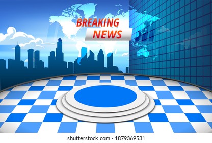 blue stand and breaking news on lcd screen background in the news studio room
