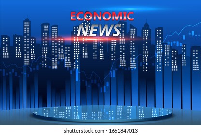 blue stand and economic news on lcd screen background in the news studio room