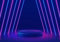 Blue Stand Product Podium 3D Background With Tunnel Glowing Neon Lighting Lines Scene. Futuristic Minimal Wall Scene Mockup Product Stage Showcase, Promotion Display. Abstract Vector Geometric Forms. 