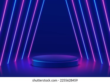 Blue stand product podium 3D background with tunnel glowing neon lighting lines scene. Futuristic minimal wall scene mockup product stage showcase, Promotion display. Abstract vector geometric forms. 