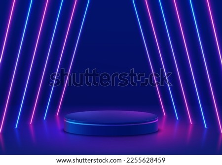 Blue stand product podium 3D background with tunnel glowing neon lighting lines scene. Futuristic minimal wall scene mockup product stage showcase, Promotion display. Abstract vector geometric forms. 