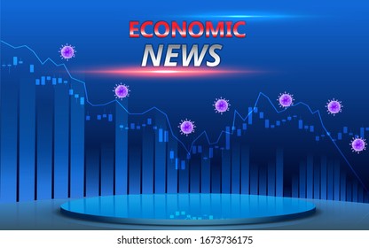 blue stand and virus and economic graph on lcd screen background in the news studio room		