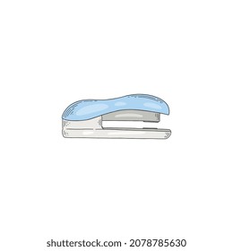 Blue stapler device that joins pages of paper with thin metal staple through the sheets of paper, hand drawn doodle illustration. Office stationary item, vector sketch isolated on white background.