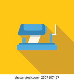 Blue stapler fastening paper with metal staples on a yellow background