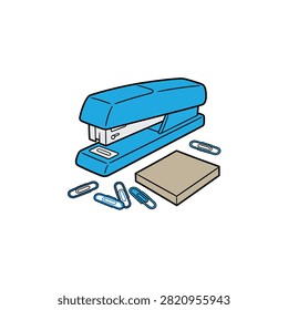 Blue stapler rests beside stack of paper and scattered pins. Simple, clean design suits office or school environments. Ideal for document binding or organizing tasks