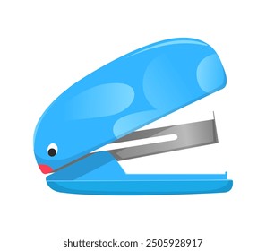 Blue stapler school supply vector illustration. Cute school stapler with a bunny character. Modern childish stapling equipment for paper. Vector cartoon illustration isolated on a white background. 