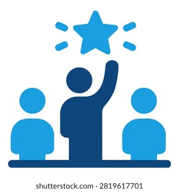 Blue star achievement icon featuring a silhouette reaching for excellence in professional team environments for marketing and web design use