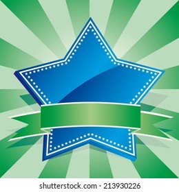 blue star badge with ribbon on abstract linear background 
