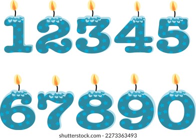 Blue star Birthday candles in the form of numbers. Template set of symbols for invitation to the anniversary. Vector flat design isolated on white background