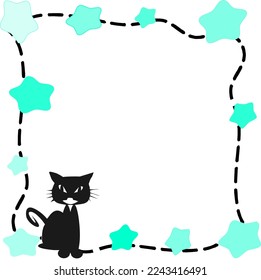 marco cuadrado e ilustración vectorial de estrella azul y gato negro
