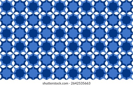 estrela azul com padrão de hexágonos de borda, padrão geométrico sem emenda abstrato com fundo de estrelas azuis, ponto de diamante azul, repetir o design de padrão de estrela para impressão de tecido, tabuleiro de xadrez de padrão de estrela