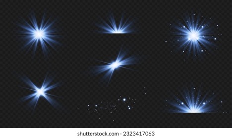 Blauer Stern, helle Teilchen, brennende blaue Lichter, Sterne, Laser, blauer Blitz.