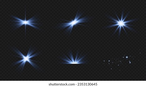 Estrella azul, partículas brillantes, luces azules ardientes, estrellas, láseres, flash azul.