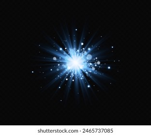 Blue star, bright particles, burning blue lights, stars, lasers, blue flash.