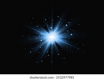 Blue star, bright particles, burning blue lights, stars, lasers, blue flash.