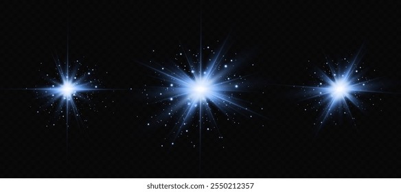 Estrella azul, partículas brillantes, luces azules ardientes, estrellas, láseres, destello azul.