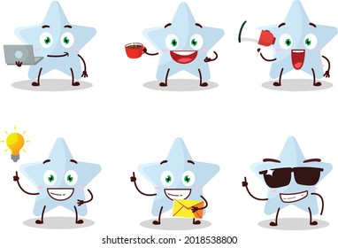 Personaje de caricatura de estrella azul con varios tipos de emoticonos de negocios. Ilustración del vector