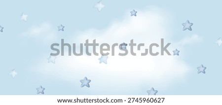 Blue star and cloud in blue background. Minimalist celestial vector design for baby nursery, wrapping paper, kids fabric, scrapbook, holiday decor, and cute aesthetic projects.