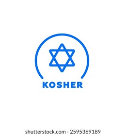 Blue star of david featuring inside circular frame, below is the word kosher in capital letters.