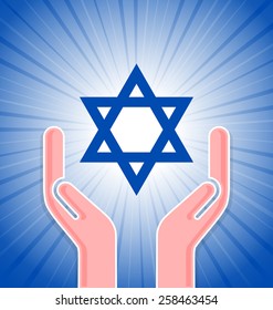 Blue Star of David and hands on blue background with rays