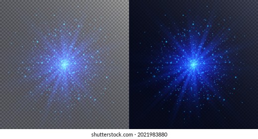 Explosión de estrella azul con brillantes brillantes, estallido cósmico, efecto de luz vectorial.