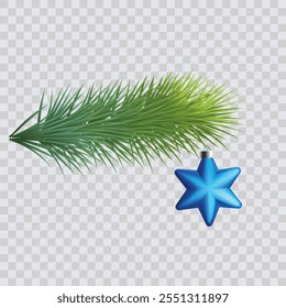 Blue star and green pine branch isolated on white background. Transparent glass christmas ornament vector, evergreen pine tree element template