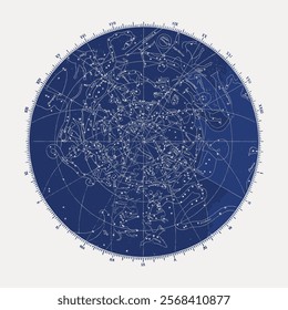 Blue star map with constellations, celestial chart, and zodiac signs. Detailed star map with constellations, perfect for astronomy enthusiasts.