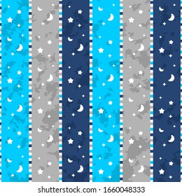 Blue Star Moon Cartoon Seamless Pattern background wallpaper. Combination colors of white, gray, and blue. Sky pattern for textile, paper, fabric and more.