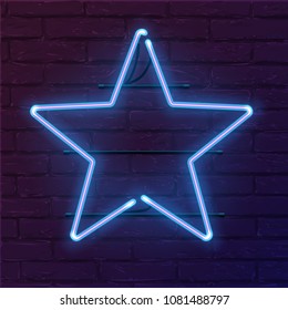 Blue star neon sign. Vector realistic neon star on brick wall.