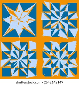 Blue star pattern. Orange square tiles. Vector geometric symmetry. Decorative mandala form.