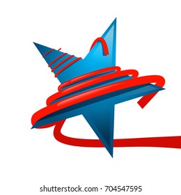 Blue Star with Red Ribbon Isolated on White Background. Vector.
