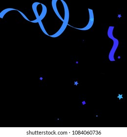 Blue star ribbon confetti. Fallen vector background. Blue geometric stars and ribbons explosion for invitation card. New year, christmas and birthday celebration template. Abstract fun background.