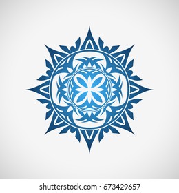 Blue star. Round decorative ornament. Blue flower. Abstract snowflake.