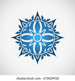 Blue star. Round decorative ornament. Blue flower. Abstract snowflake.