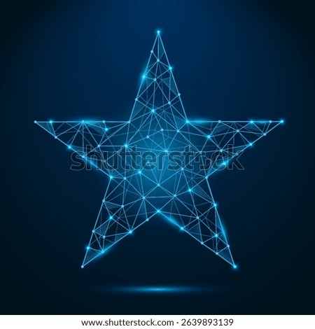 Blue star shape in low poly style. Geometric award symbol with connected lines. Feedback or achievement concept. Vector illustration isolated on dark background.