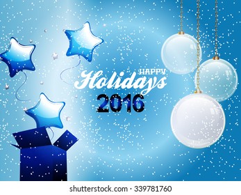 Blue Star Shaped Balloons Box and Baubles Over Blue Festive Background with Snow