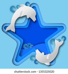 blue star shaped frame with sea view and dolphins jumping  in summer of paper art style,vector or illustration with world oceans day concept 