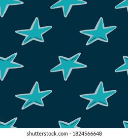 Blue star shapes seamless patern. Doodle hand drawn space ornament on navy blue dark background. Great for wallpaper, textile, wrapping paper, fabric print. Vector illustration.